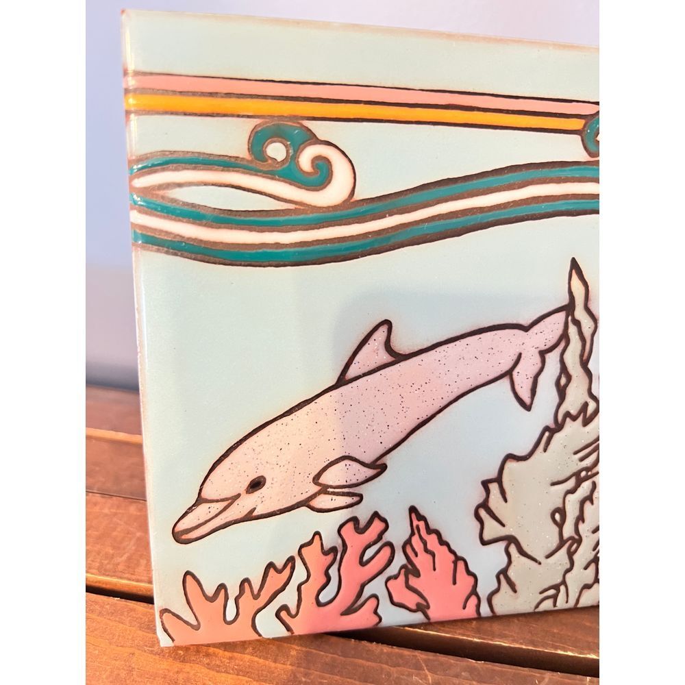 Vintage Dolphin Trivet‎ Decor Sea Life Ocean Tiles Beachy Abstract 70s 6"X6" Fun